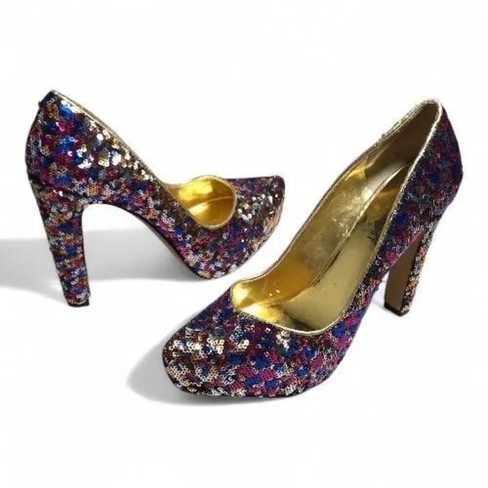 Nine West Cress Multi-Color Sequin Platform Pumps | Glam Party Heels | Size 6.5